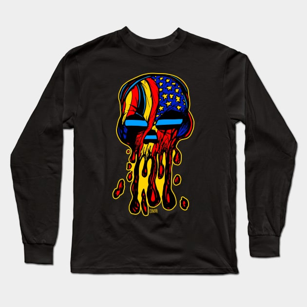 Patriotic Blue Line USA Flag Skull Long Sleeve T-Shirt by peteoliveriart